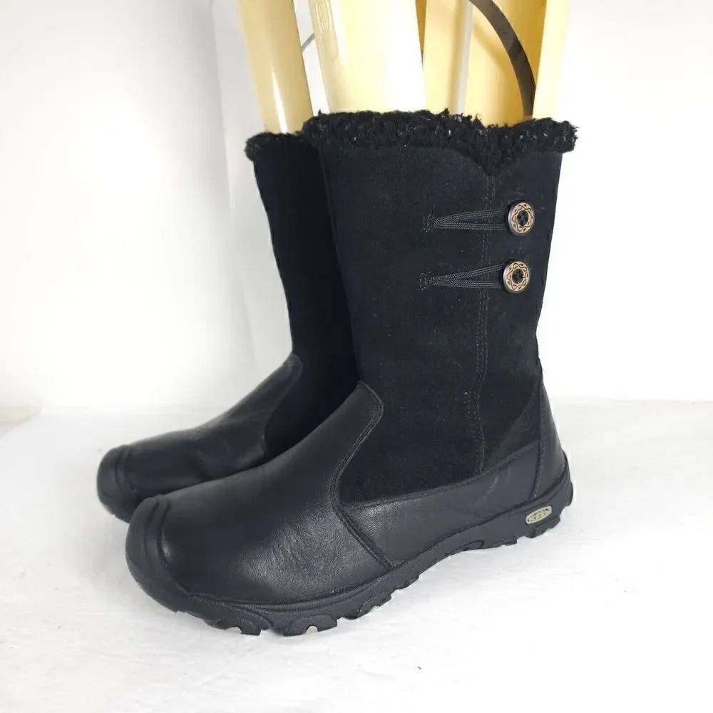 KEEN Women’s US6 Dry Mid Calf Black Leather Fleece Lined Waterproof Winter Boots